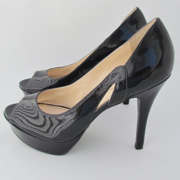 Marc Fisher Tumble 3 BLACK PLATFORM PUMPS Peep Toe Patent Look Heels 9 M - Picture 5 of 11